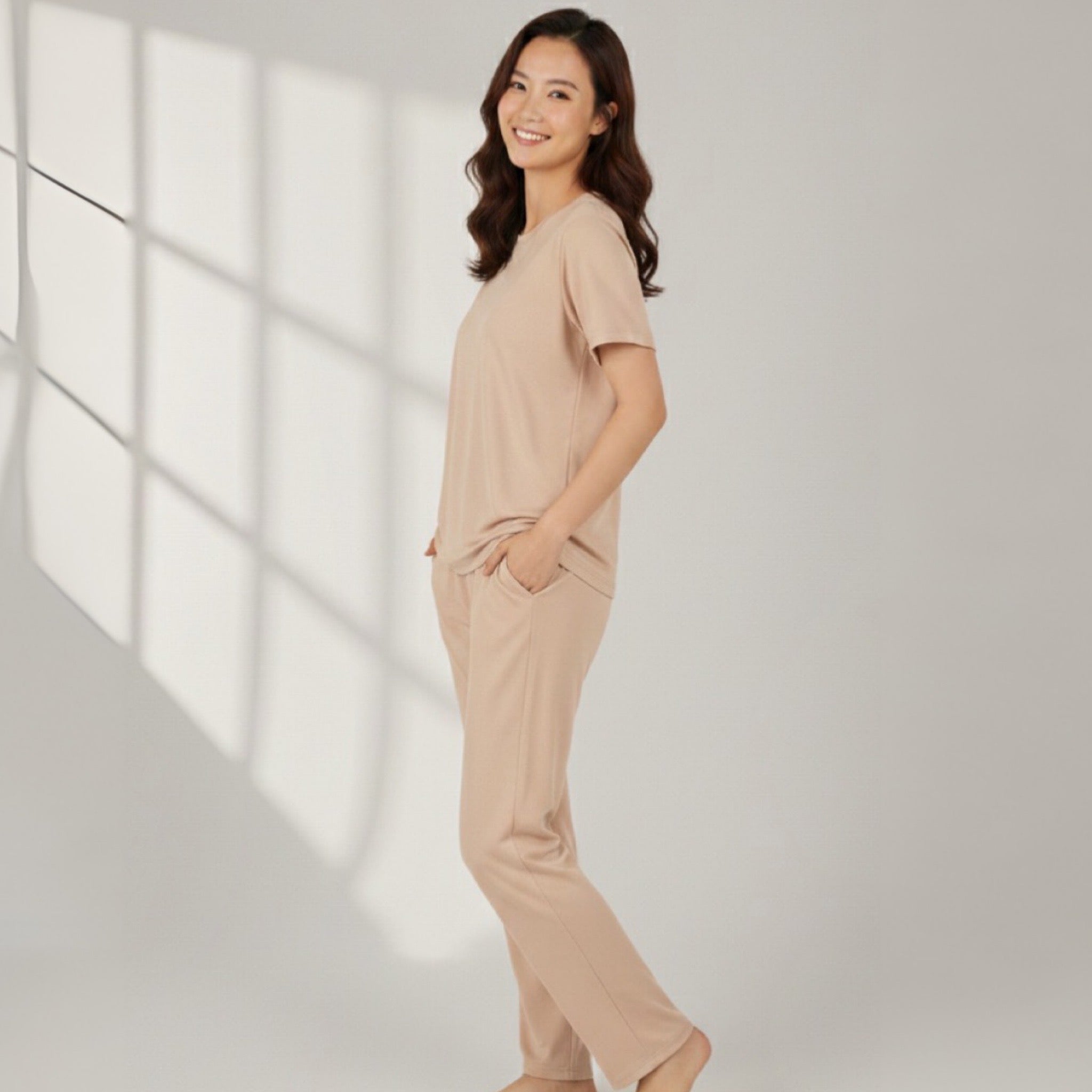Pijama Pantalón Largo y Blusa Cerrado con Manga Corta L001-1 Cotton Up